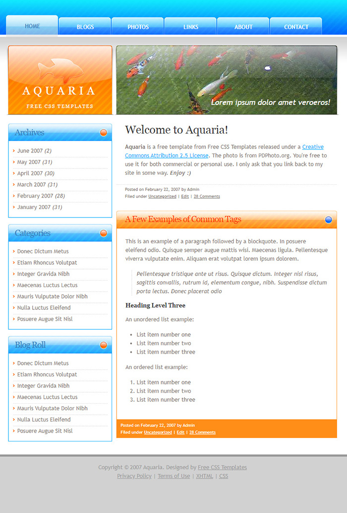 Free Aquaria Website Template