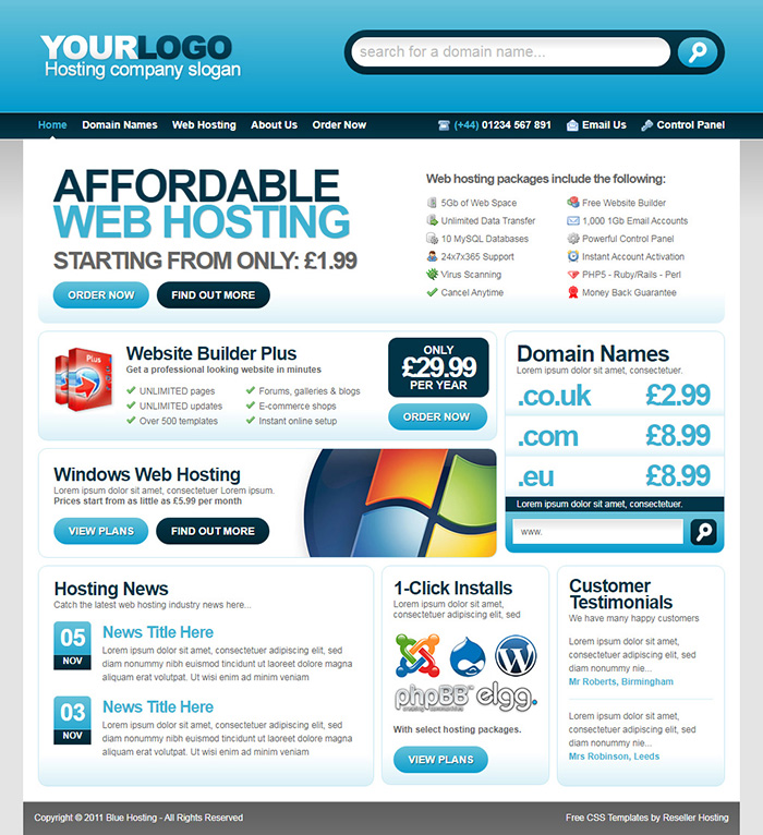 Free Blue Hosting Website Template