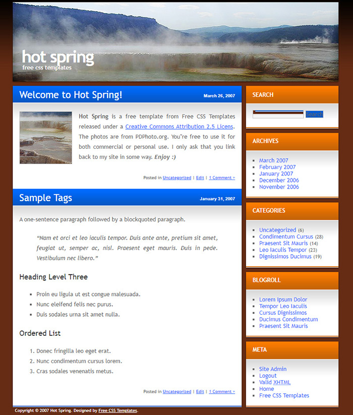 Free Hot Spring Website Template