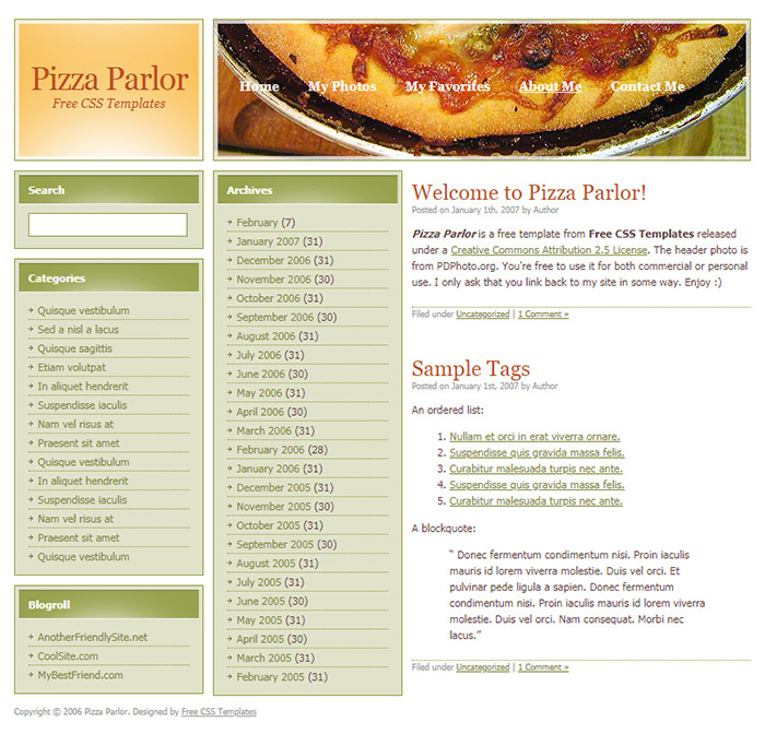 Free Pizza Parlor Website Template
