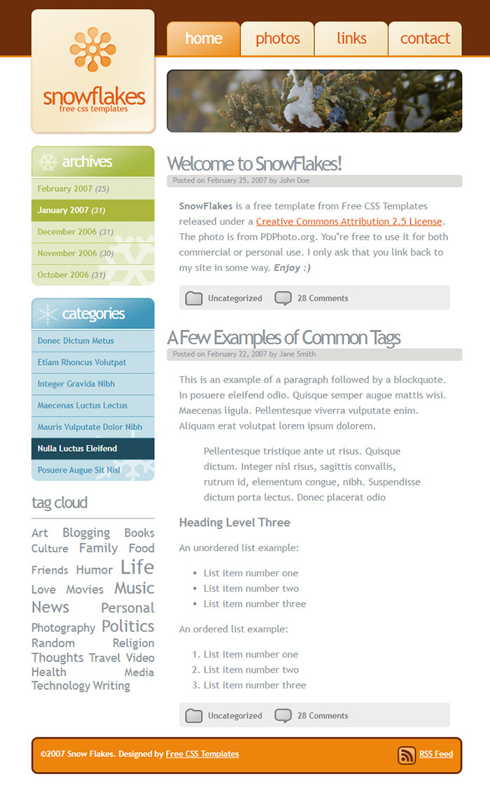 Free SnowFlakes Website Template