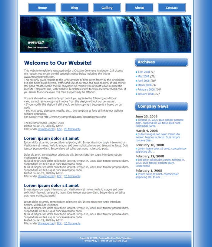 Free Waterfall Website Template